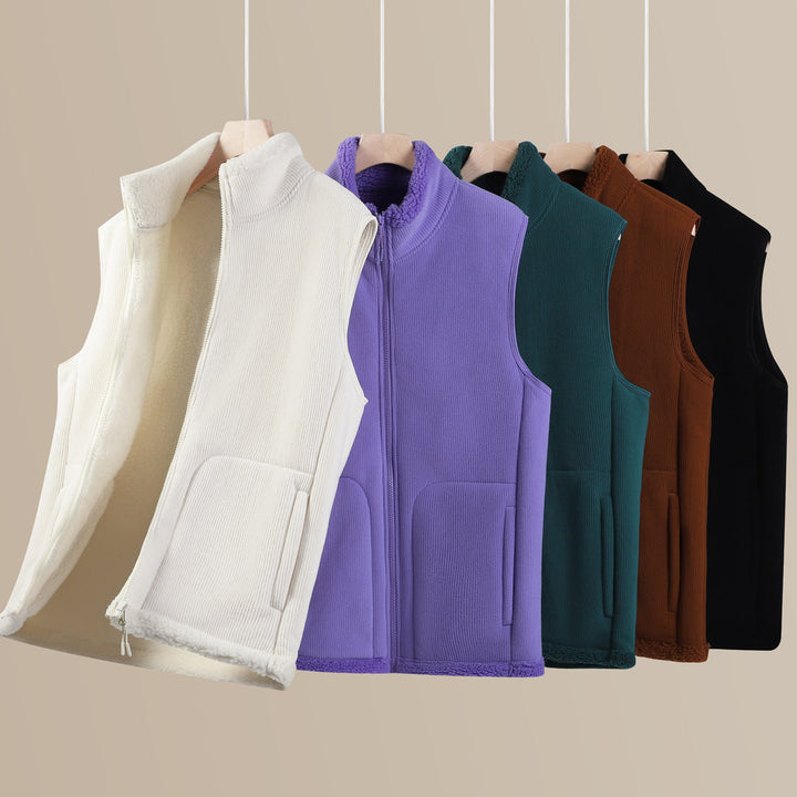 Unisex Sleeveless fleeceväst med Teddy foder Ribbed Structure och ståkrage