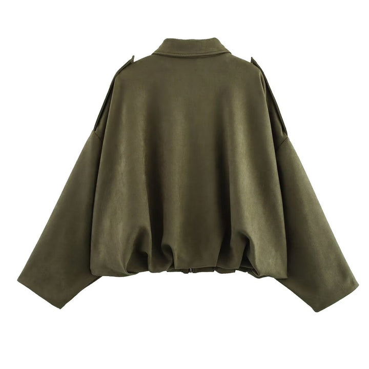 Dam Kort Oversized Blouson Jacka i Velour Look med Fåll med Dragsko och Epaulettes
