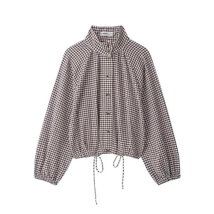 Dam Checked Blouse Jacka med Stå Krage, Balloon Ärmar och Drawstring Nederkant