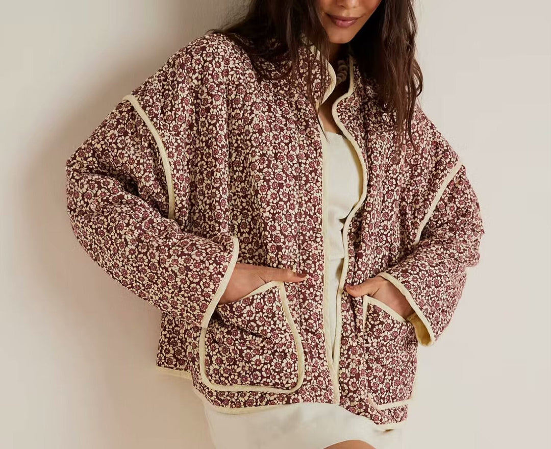 Dam 600+ Quiltad Embroidered Waist Belt Jacka med Blommig Mönster och Stå Krage