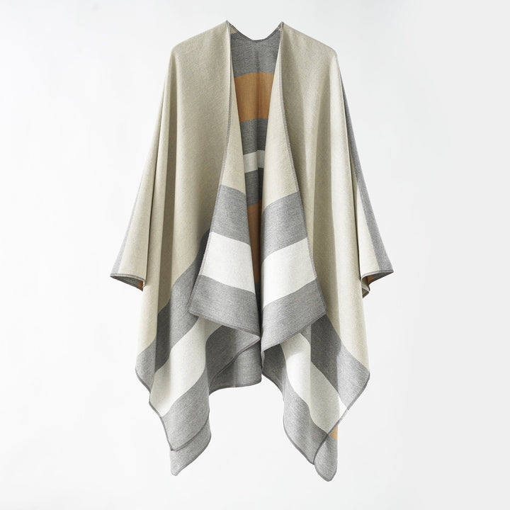 Dam Oversize Ruana i Cape stil tillverkad av ull look med Geometric Block Stripes