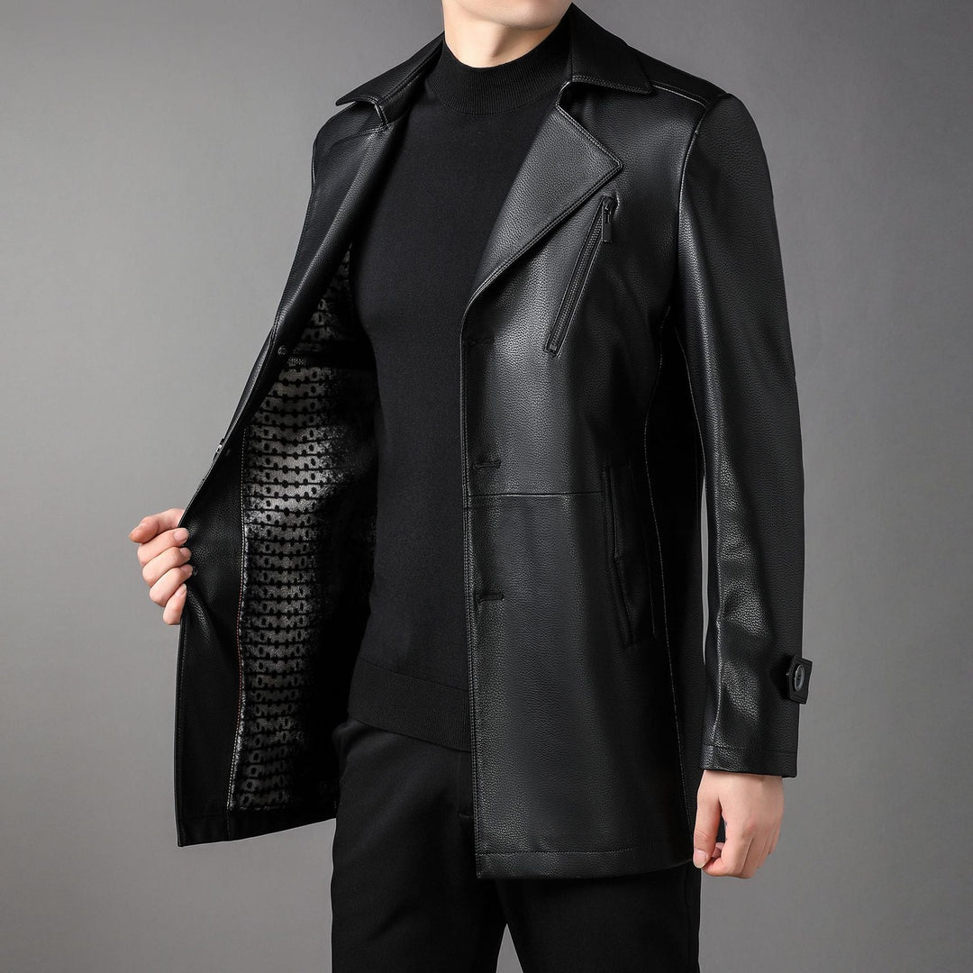 Herr Long Läder Rock med Lapel Krage och Bröst Zip