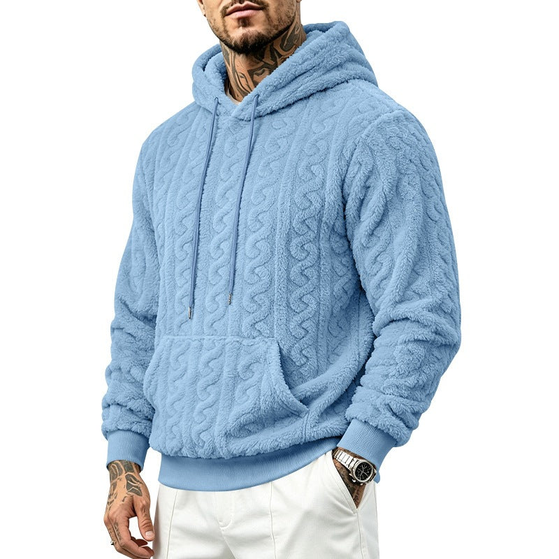 Herr Mysig Teddy Fleece Luvtröja med Cable Mönster och Känguruficka