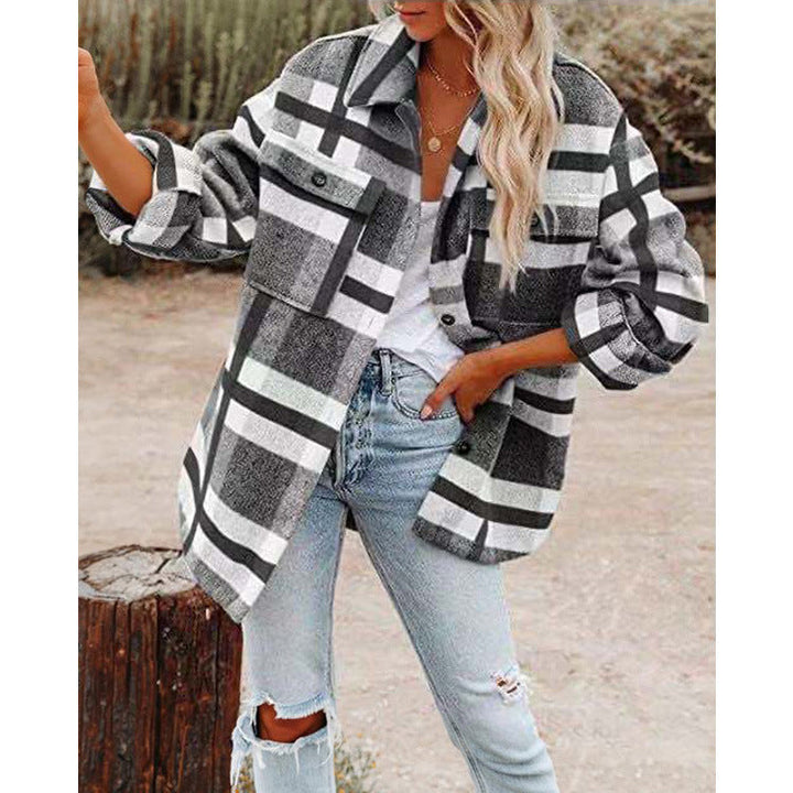 Dam Oversize Check Shirt jacka med bröstfickor och mjuk Flannel