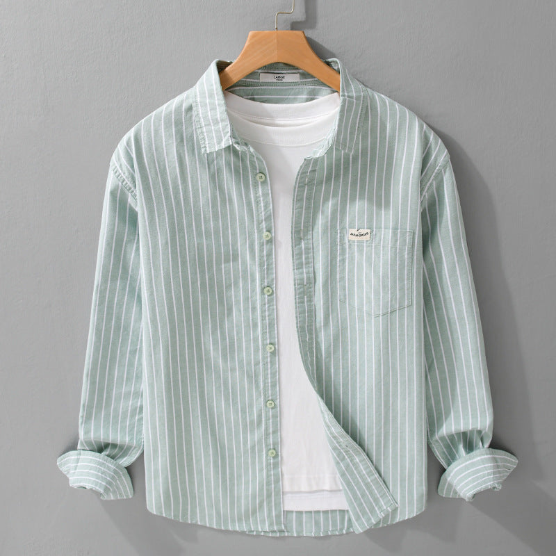 Herr Randig Layering Overshirt Tillverkad av Mjuk Bomullsblandning med A Kent Krage och Utanpå Bröstficka