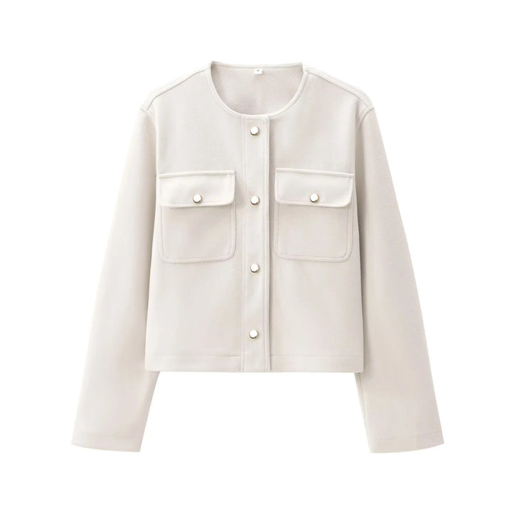 Dam kort skärning overshirt jacka med rund hals, snap knäppning och påsydda fickor