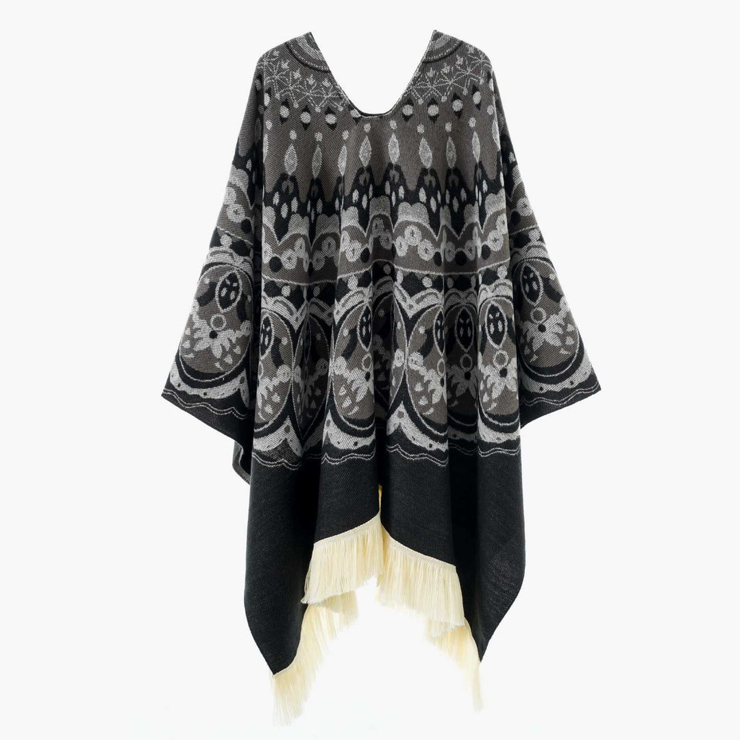 Dam Woven Jacquard poncho med V-Neck, Ethno tryck och Fringes