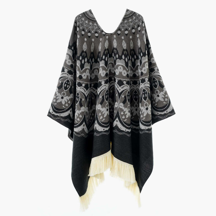 Dam Woven Jacquard poncho med V-Neck, Ethno tryck och Fringes