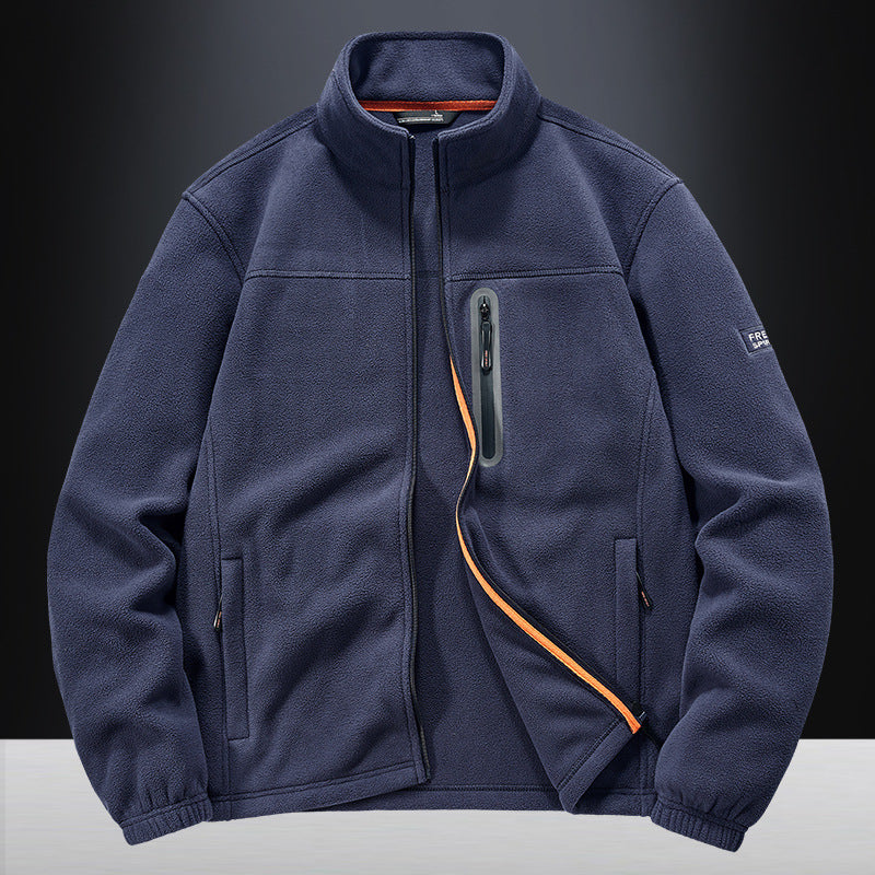 Herr fleece jacka med vindresistent microfleece, welded bröst dragkedja ficka, och elastiska muddar