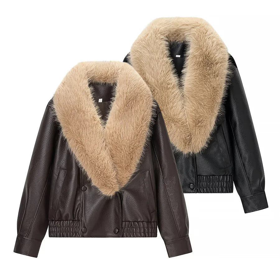 Dam kort-skärning syntetläder blouson med voluminous faux fur sjalkrage