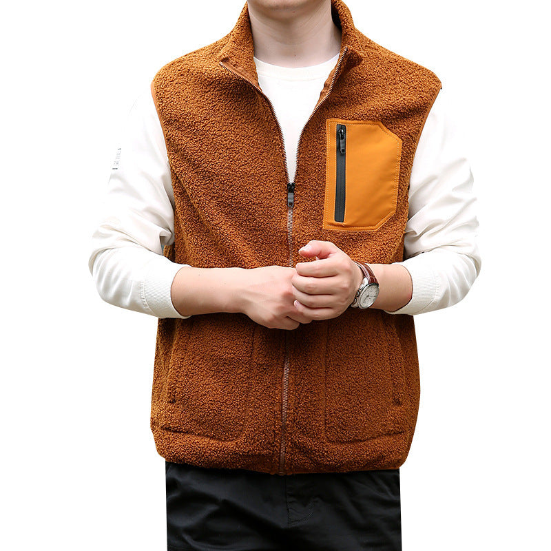 Herr Teddy Fleece Utomhus Väst med Hög Krage, Hel Dragkedja och Welded Bröstficka
