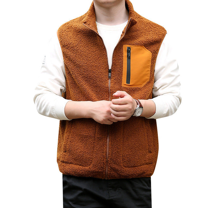 Herr Teddy Fleece Utomhus Väst med Hög Krage, Hel Dragkedja och Welded Bröstficka