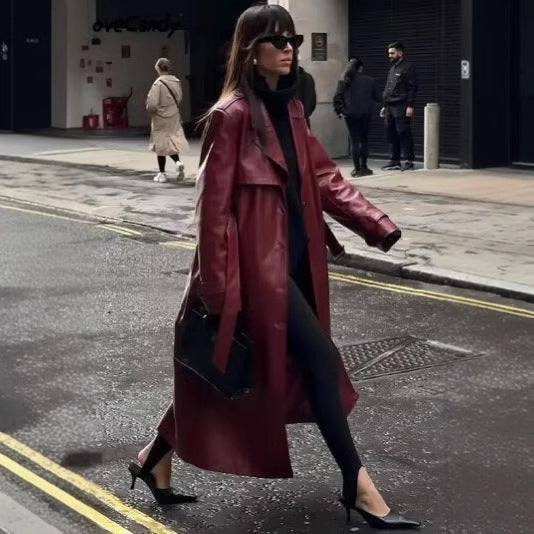 Dam 100+ Lång Oversize Faux Läder Trenchcoat med Waist Belt och Wide Lapels