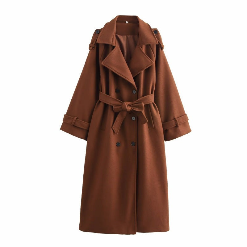 Dam Lång Dubbel-Breasted Ullblandning Trenchcoat med Bälte och Breda Slag