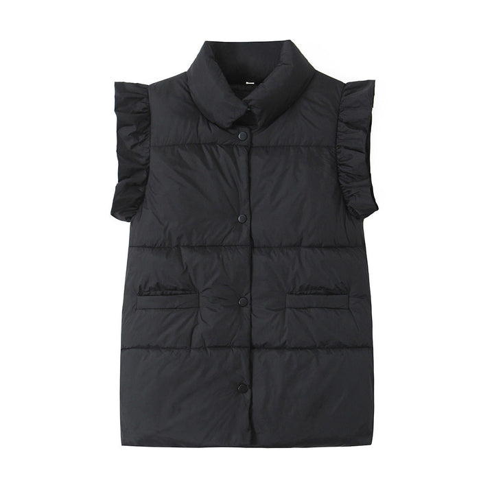 Dam sleeveless quiltad väst med ruffled ärmar, ståkrage, och concealed snap knappar