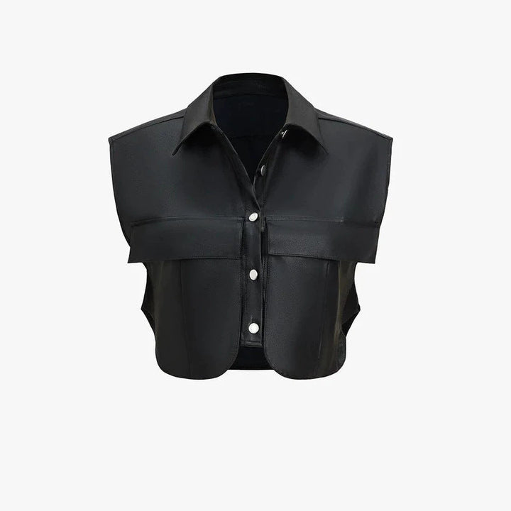 Dam kort ärmlös konstläder väst med oversize Shoulders
