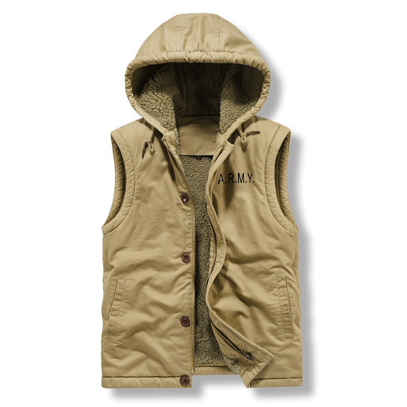 Herr Sleeveless Canvas Väst med Teddy Fleecefoder, Huva, och Tvåvägsdragkedja