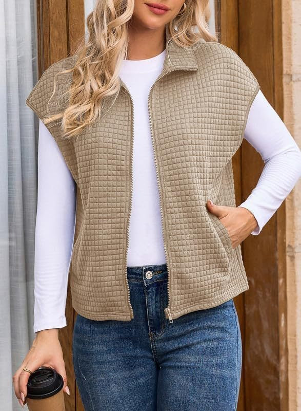Dam Quiltad Väst med Strukturerad Waffle Look, Ståkrage och Hel-Length Dragkedja