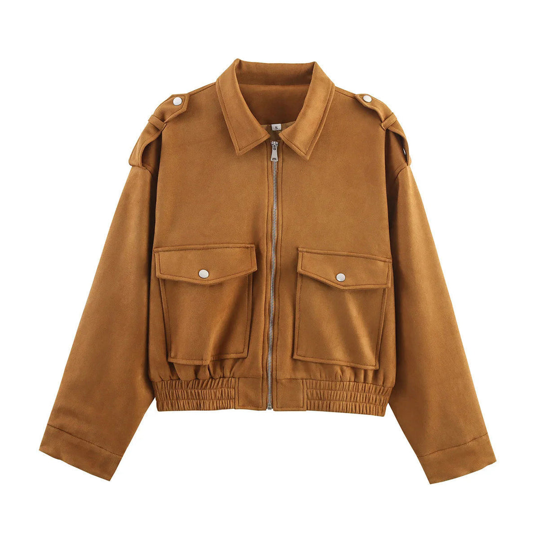 Dam cropped utility jacka med axel epaulettes, applied flap fickor, och elastisk fåll