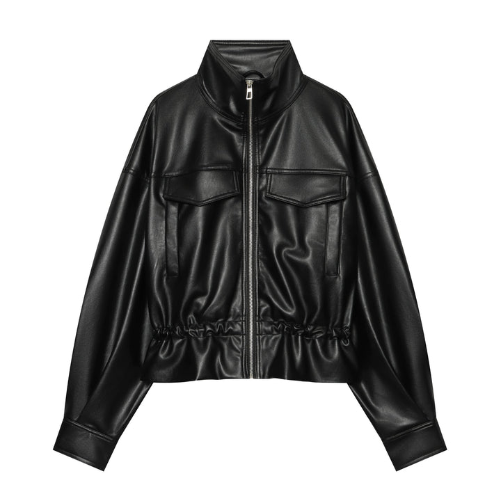 Dam kort konstläder Blouson med dragsko, Patch Flap fickor och hög ståkrage