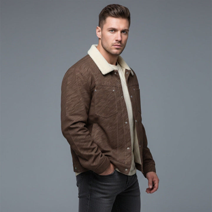 Herr Avslappnad Sherpa-Lined Trucker Jacka med Faux Fur Krage