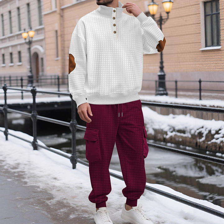 Herr Check Relief Sweat Set med Ståkrage Knapplist, Velour Elbow Lappar och Cargo Jogger