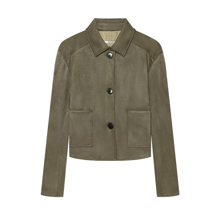 Dam Kort Skärning Suede Blazer med Skjort Krage och Patch Fickor