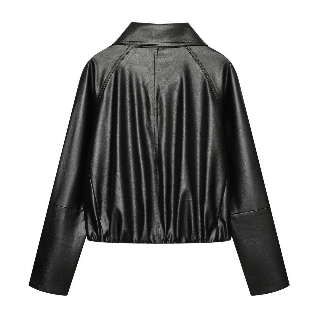 Dam Kort Skärning Double-Breasted Jacka i Konstläder med Wide Shawl Krage