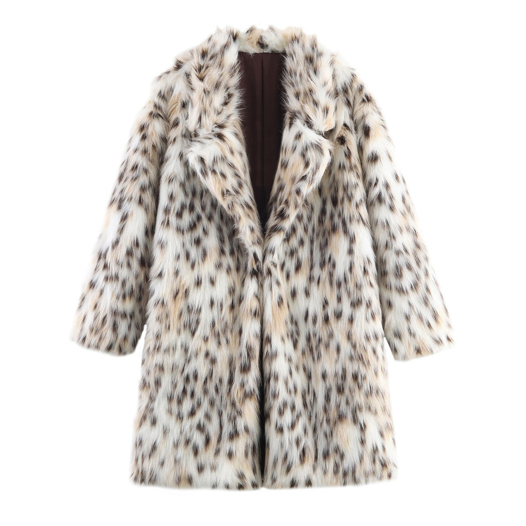 Dam Midi Kappa Gjord av Konstpäls med Leopardmönster, Oversized Passform och Sjalrakrage