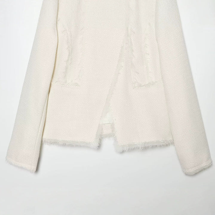 Dam Bouclé Kort Jacka med Fringe Kant och Asymmetrisk Single-Knapp Stängning