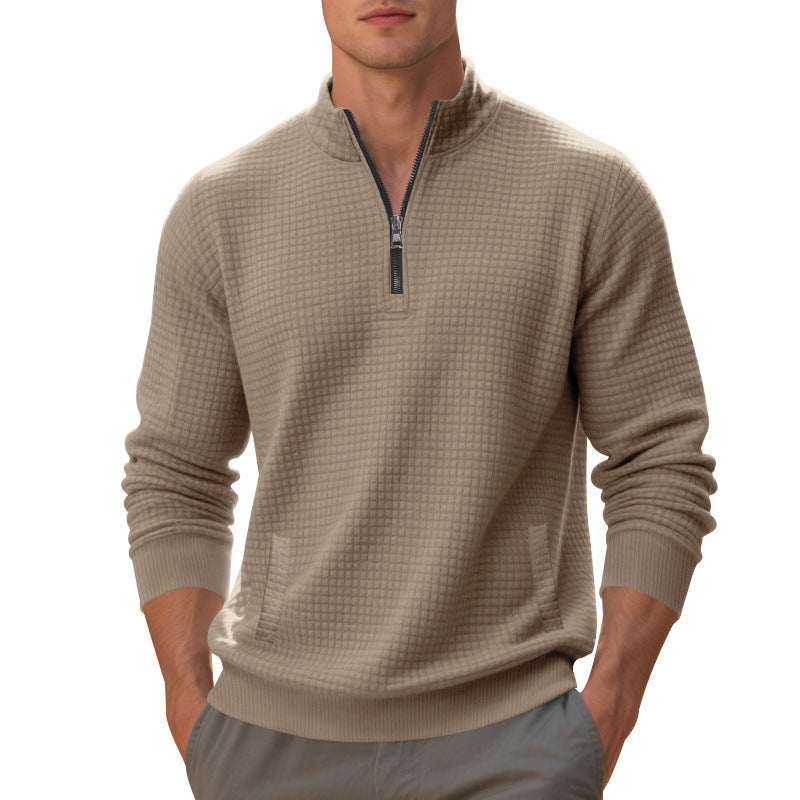 Herr Waffle Stickad Halv Dragkedja Pullover med Ståkrage, Känguruficka &amp; Ribbad Finishes