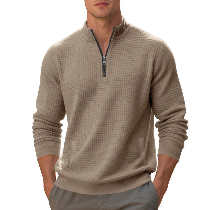 Herr Waffle Stickad Halv Dragkedja Pullover med Ståkrage, Känguruficka &amp; Ribbad Finishes