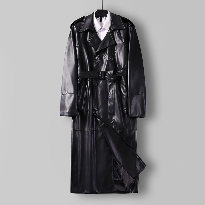 Herr Lång Läderimitation Trench Kappa med Dubbel Breasted, Belted Midja och Axelklaffar