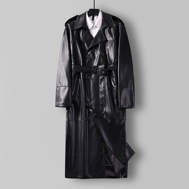 Herr Lång Läderimitation Trench Kappa med Dubbel Breasted, Belted Midja och Axelklaffar