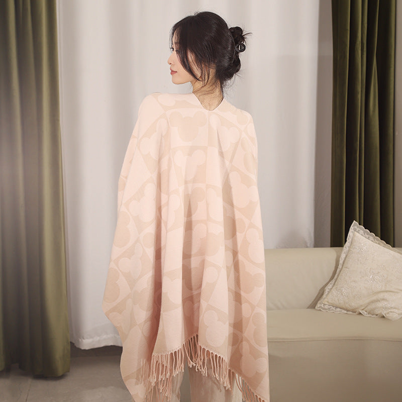 Dam Oversize Jacquard poncho med Graphic Head silhuett mönster och Fringes