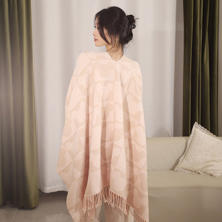 Dam Oversize Jacquard poncho med Graphic Head silhuett mönster och Fringes