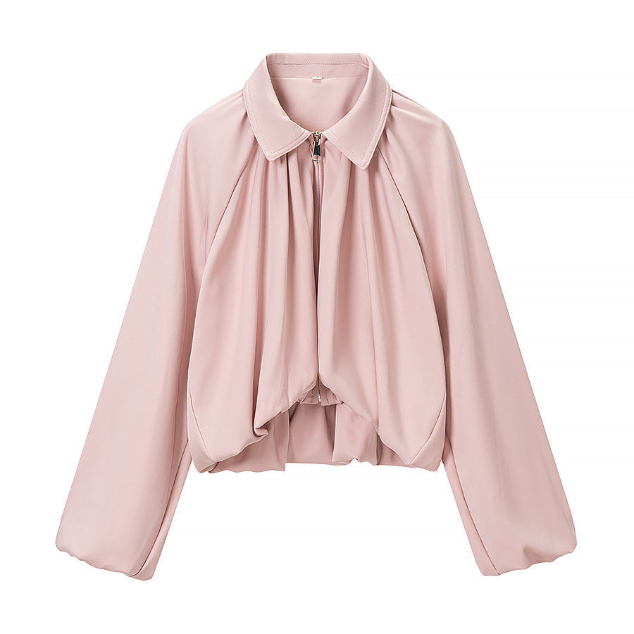 Dam Kort Blouson med Pleats, Dragkedja och Balloon Ärmar