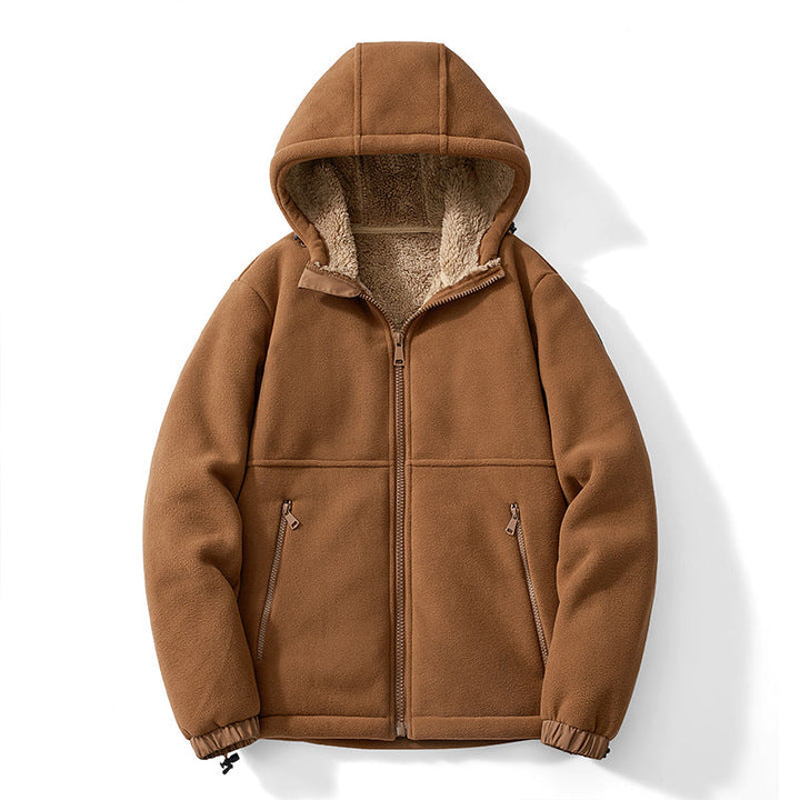 Herr Fleece Jacka med Huva med Teddy Foder, Zippered Fickor, och Adjustable Fåll