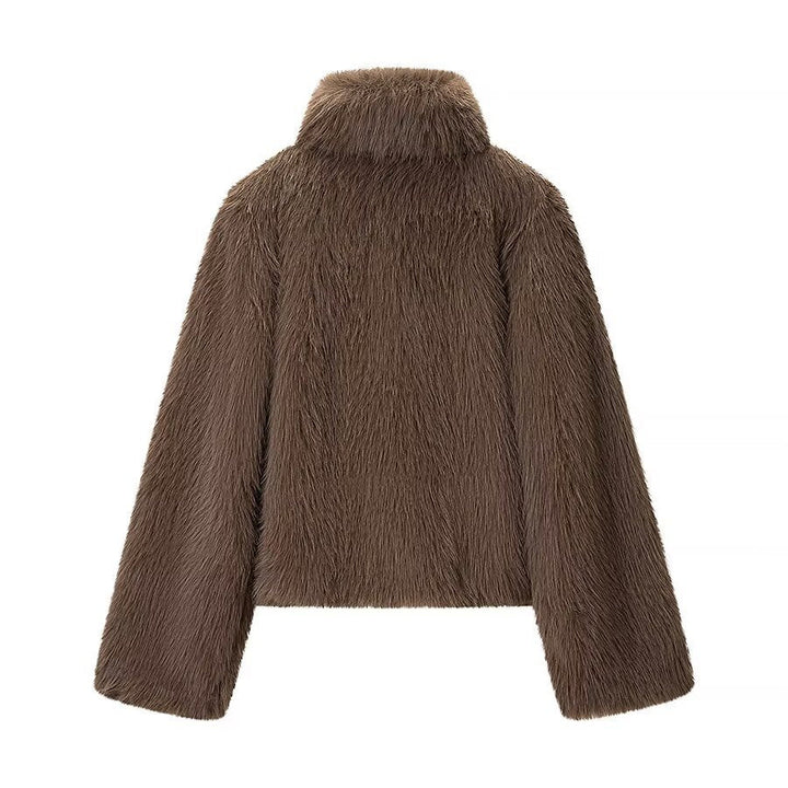 Dam kort Faux Fur jacka med hög ståkrage och oversize silhuett