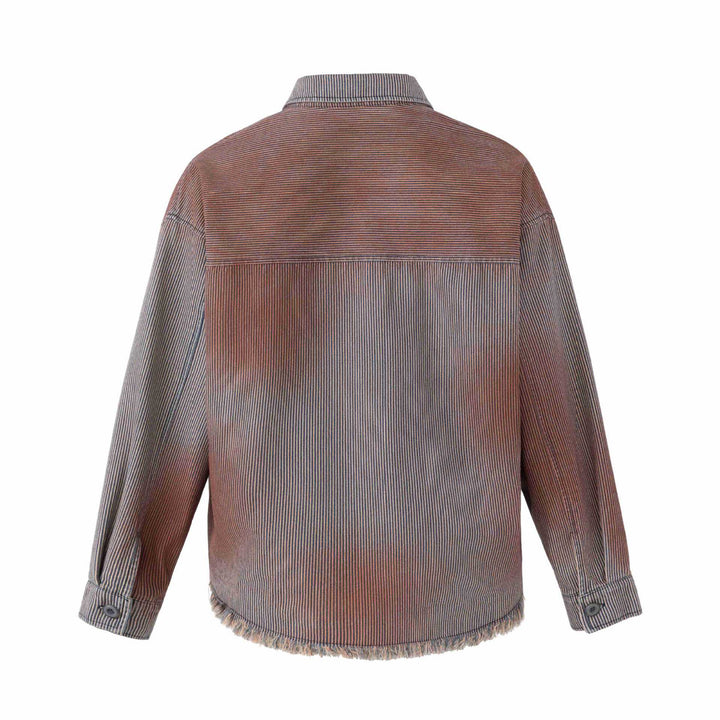 Dam Overshirt Jacka Gjord av Randig Denim med Fringes och Used Detaljer