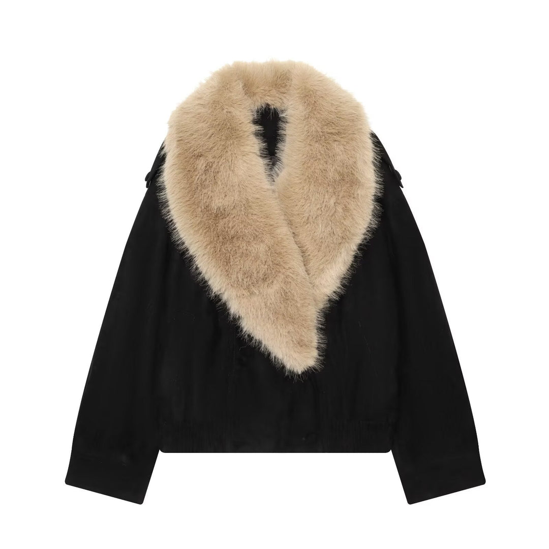 Dam Kort Velour Jacka med Avtagbar XXL Shawl Krage