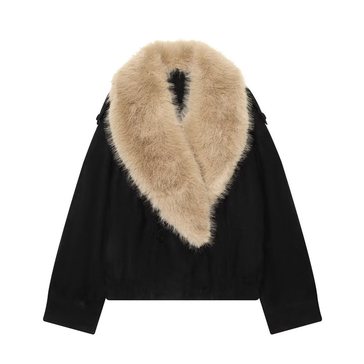 Dam Kort Velour Jacka med Avtagbar XXL Shawl Krage