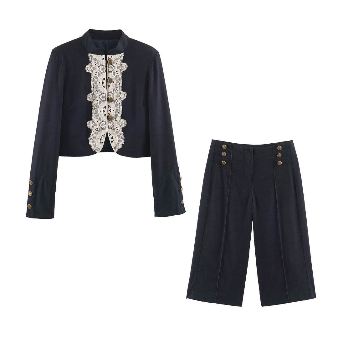 Dam Kort Bolero Blazer med Lace Front och Dekorativ Knapp Details