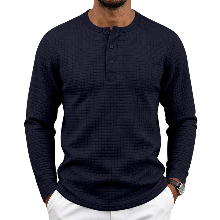 Herr Strukturerad Waffle Termisk Skjorta med Henley Knapplist och Rounded Fåll