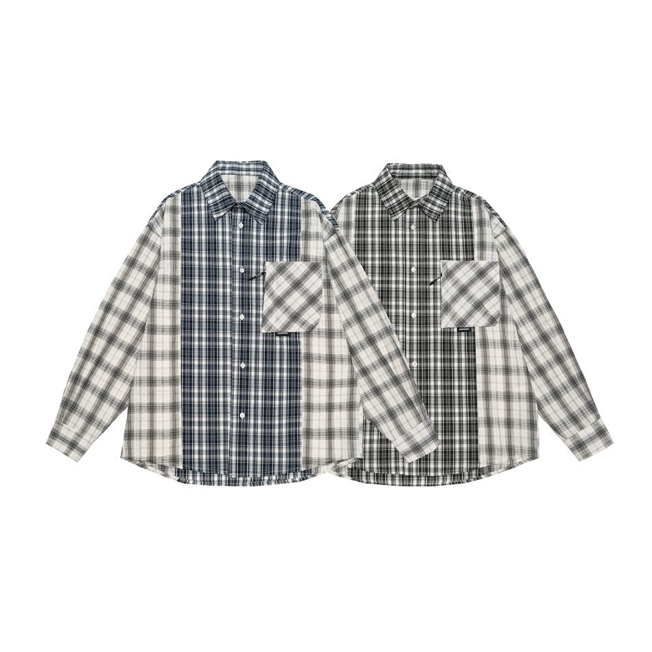 Unisex Rutig Overshirt i Patchwork Look med Bröstficka