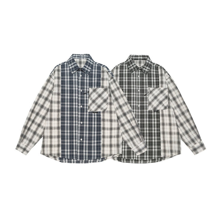 Unisex Rutig Overshirt i Patchwork Look med Bröstficka