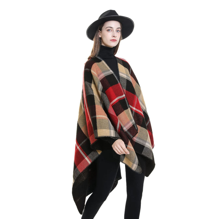 Dam Oversize Rectangle poncho i Cape look med Overlock fåll och Check mönster