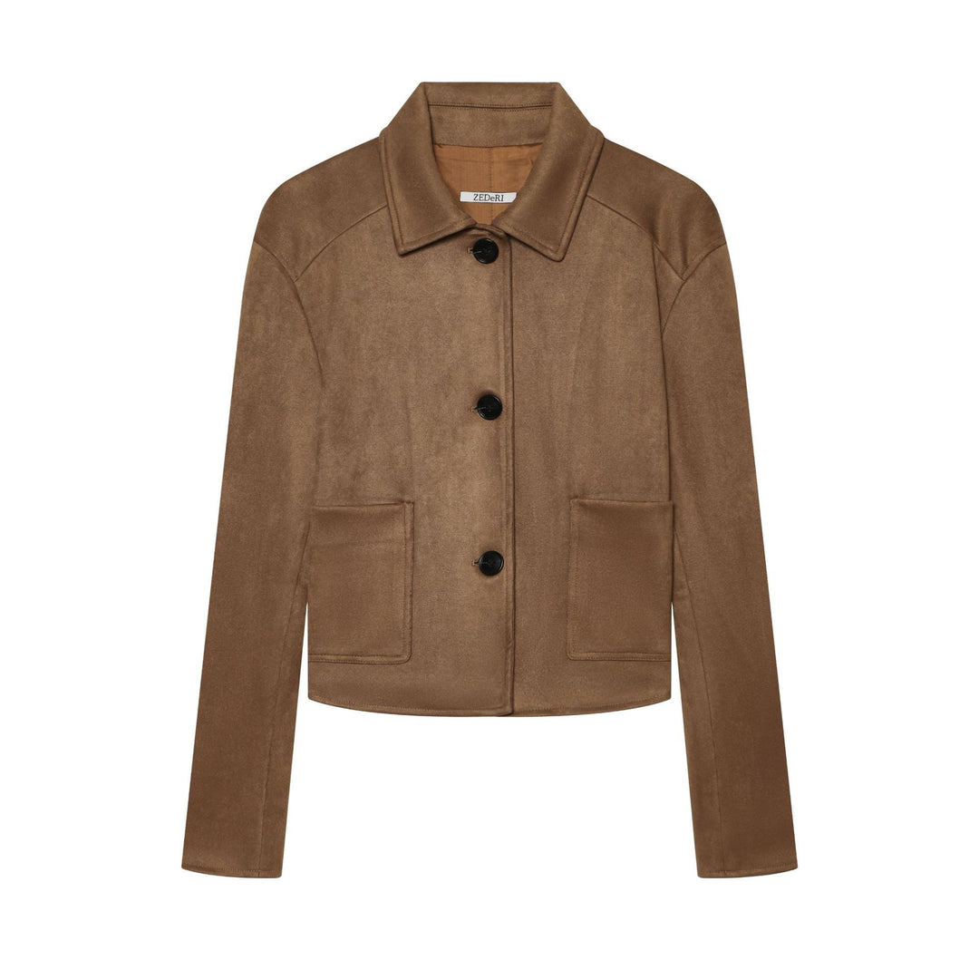 Dam Tailored Kort Blouson Tillverkad av Suede Imitation med Skjort Krage och Patch Fickor