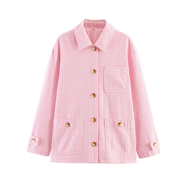 Dam Oversize Kort Jacka med Small Check, Patch Fickor och Dekorativ Knappar