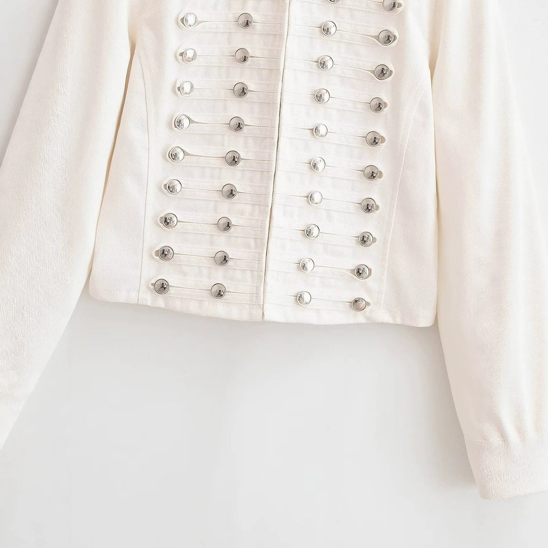 Dam Kort Jacka i A Military-Inspired Marching Uniform Look med Dekorativ Chain Knappar